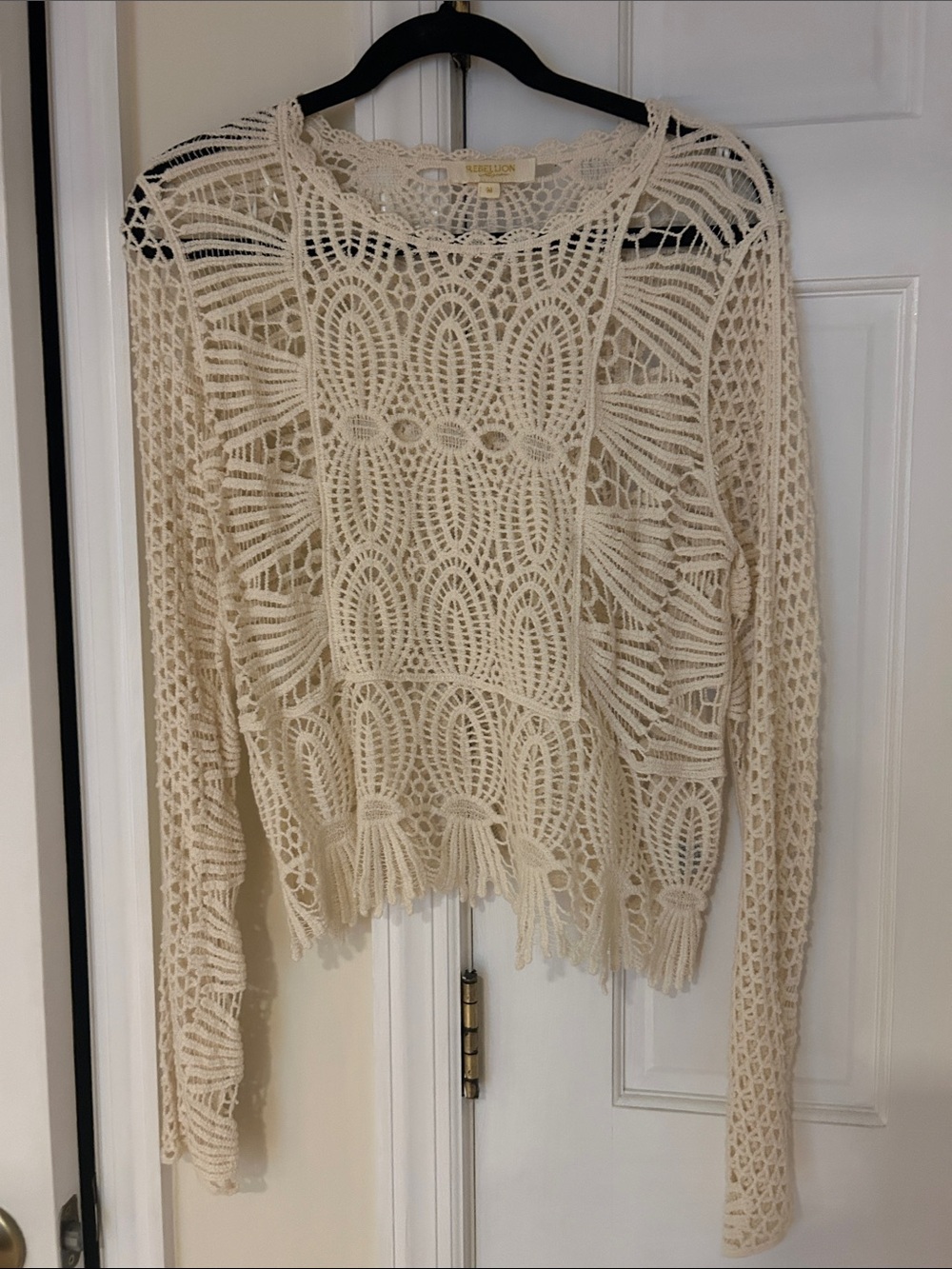Crochet Knit Openwork Long-Sleeve Sweater - Cream